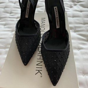 Manolo Blanik Emboidered Black Slingback Pumps, Size 36.5B